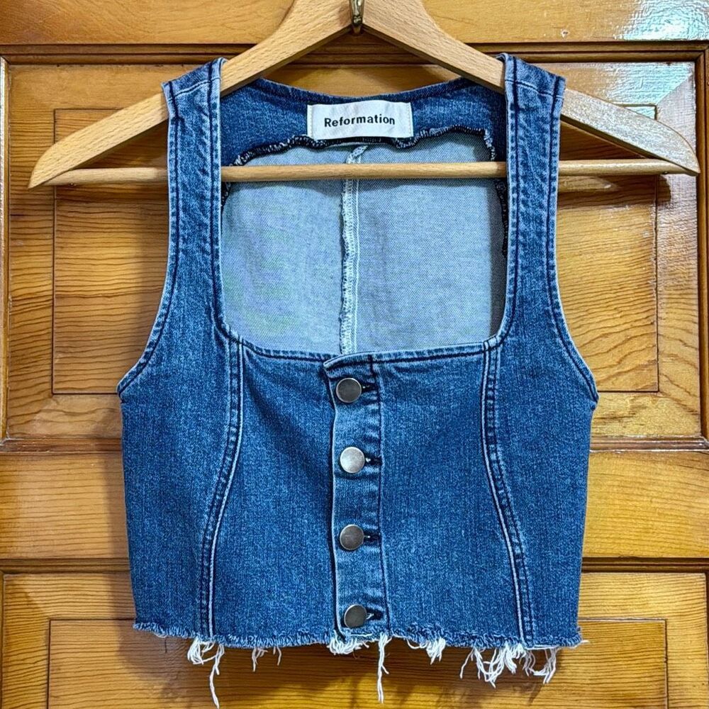 Reformation Dark Blue Denim Button-Front Crop Top